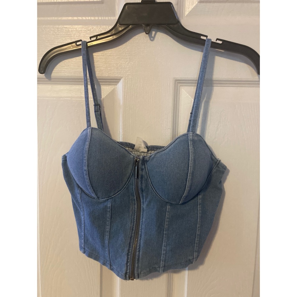 No Boundaries Denim Bustier Crop Top Medium Wash Blue Zip Front Corset Small 4-6